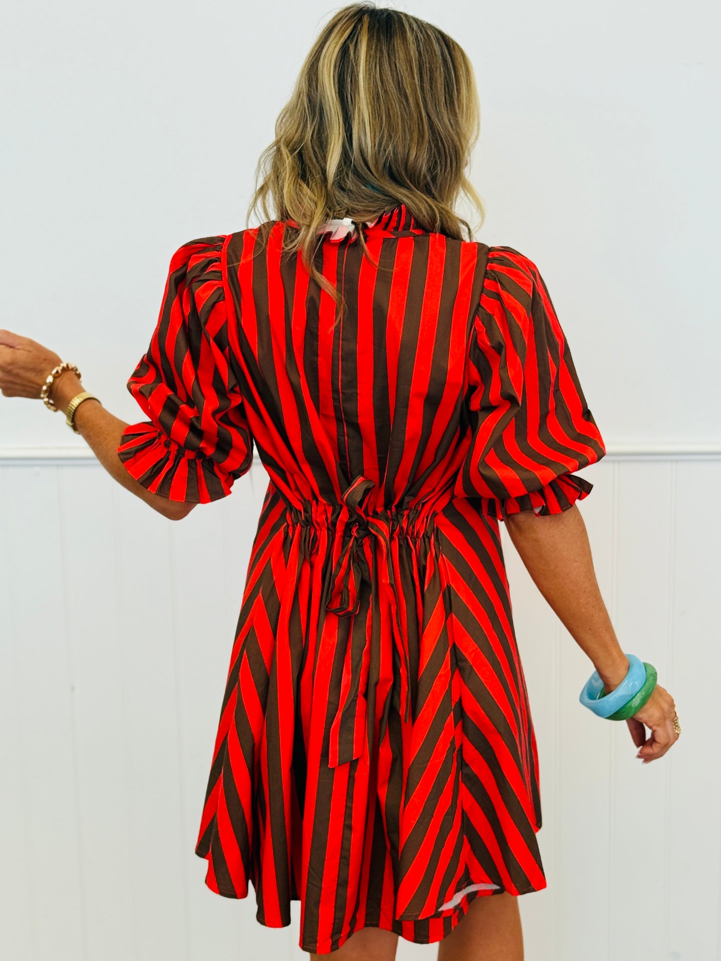 Red Brown Striped Tie Back Mini Dress (Reg & Plus)
