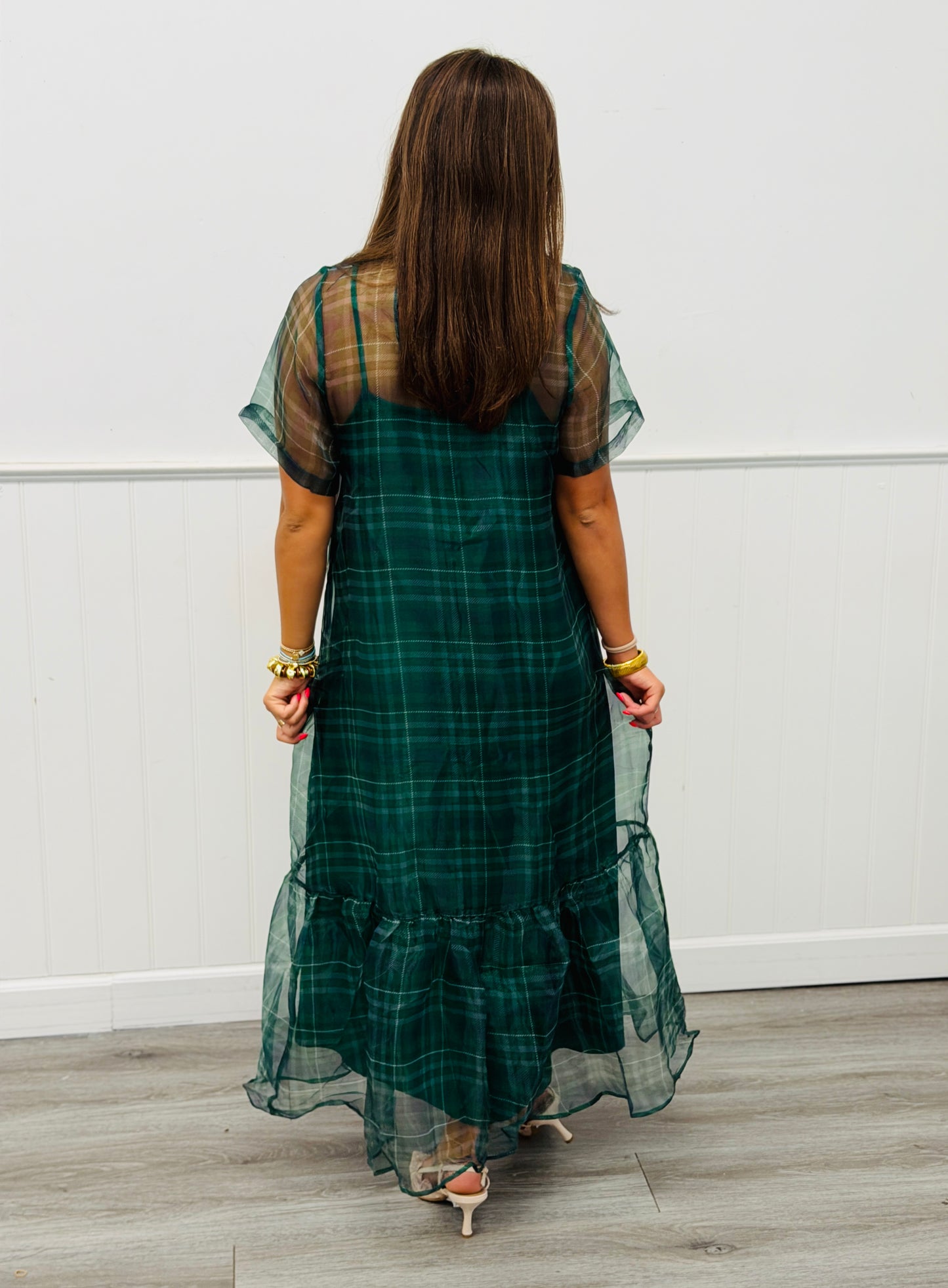Green Plaid Sheer Overlay Midi Dress (Reg.)