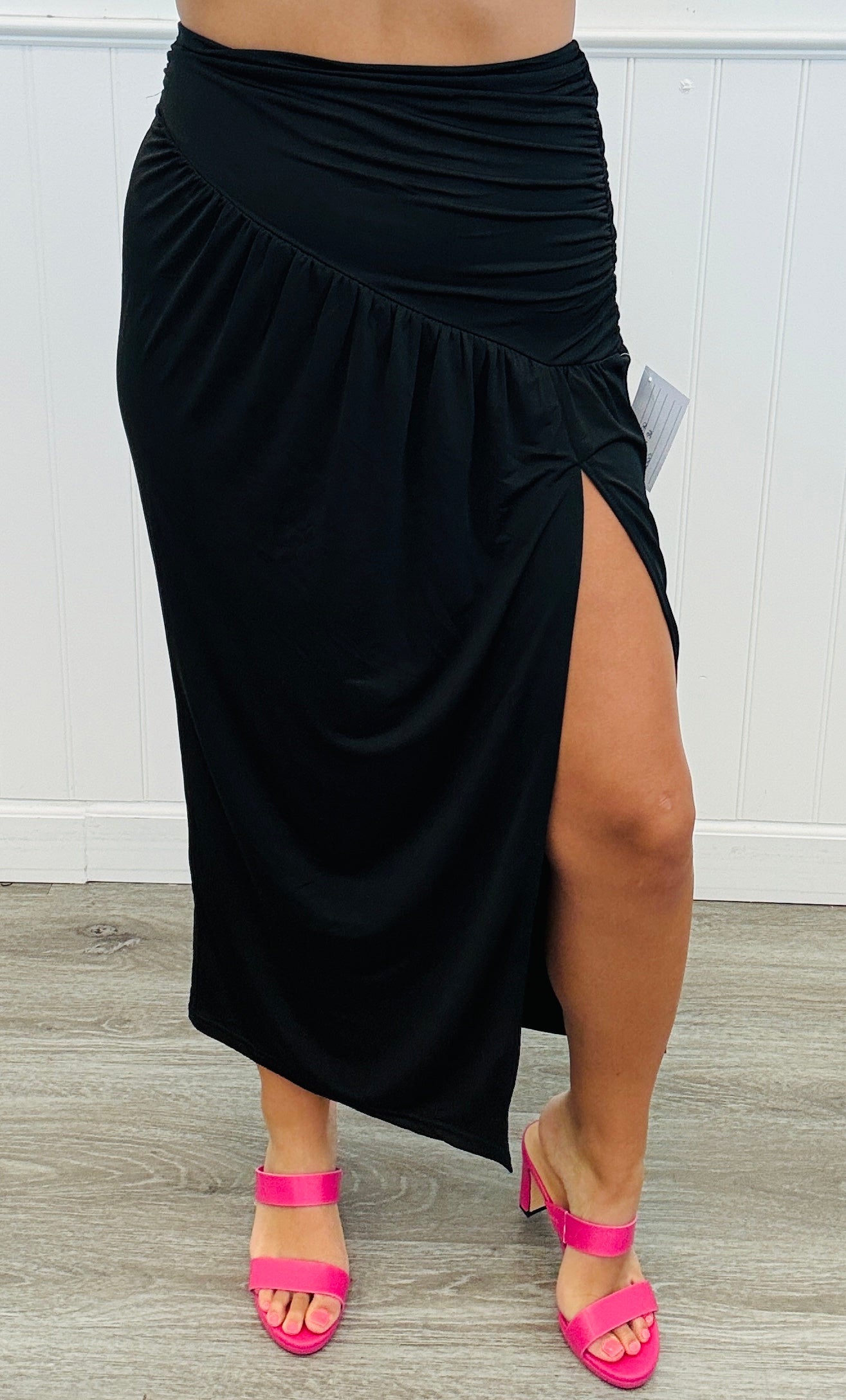 Asymmetric Ruched Knit Maxi Skirt (Reg.)-2 Colors