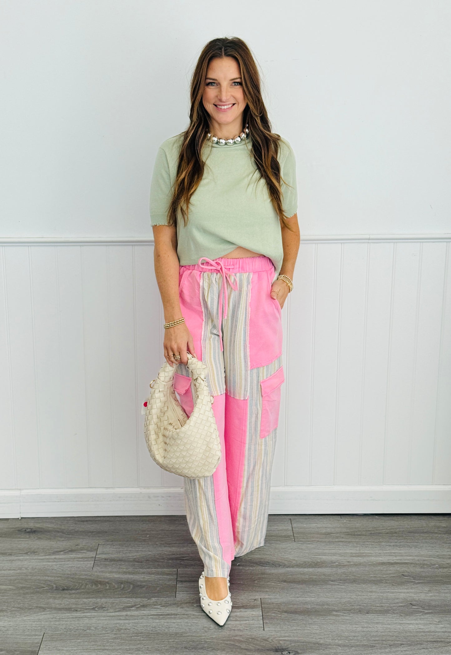 Pink Acid Washed Contrast Stripe Pants (Reg & Plus)