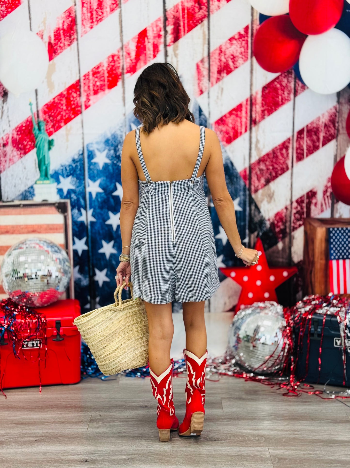 Navy Gingham Sleeveless Romper (Reg.)