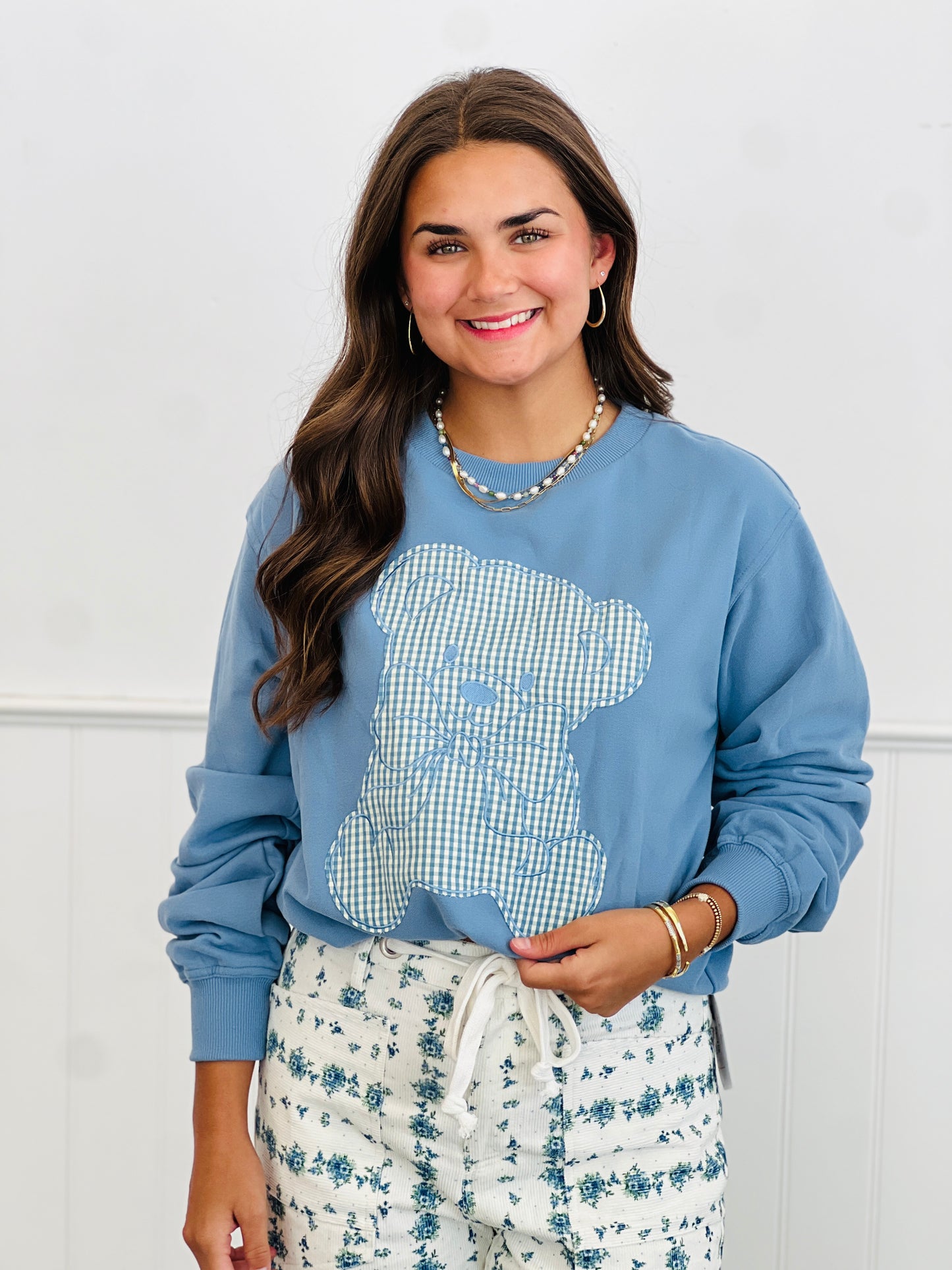 Gingham Teddy Bear Graphic Sweatshirt (Reg.)-2 Colors