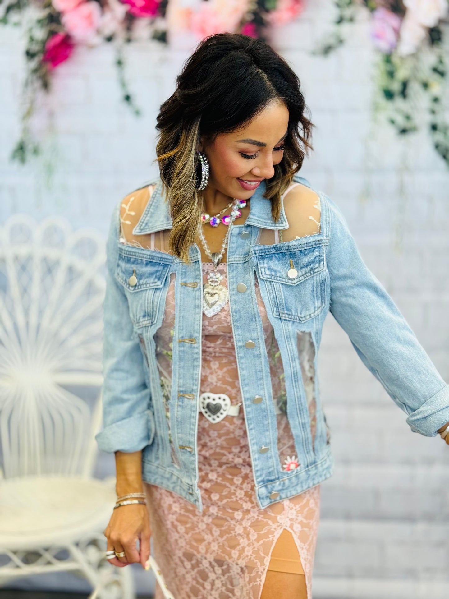 Denim Floral Embroidery Mesh Jacket (Reg & Plus)