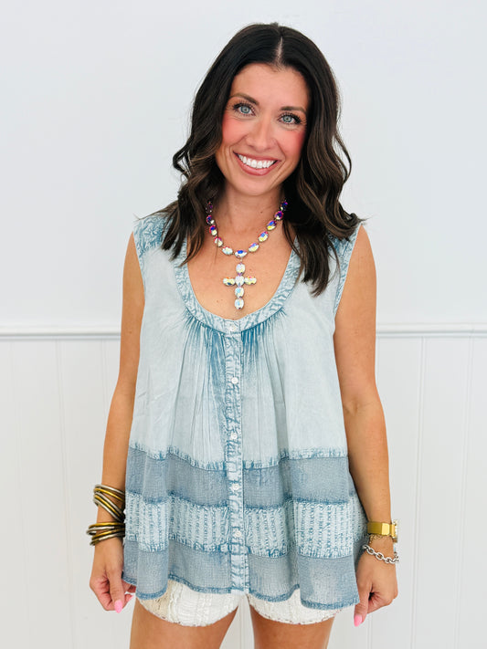 POL Denim Blue Crochet Contrast Top (Reg.)