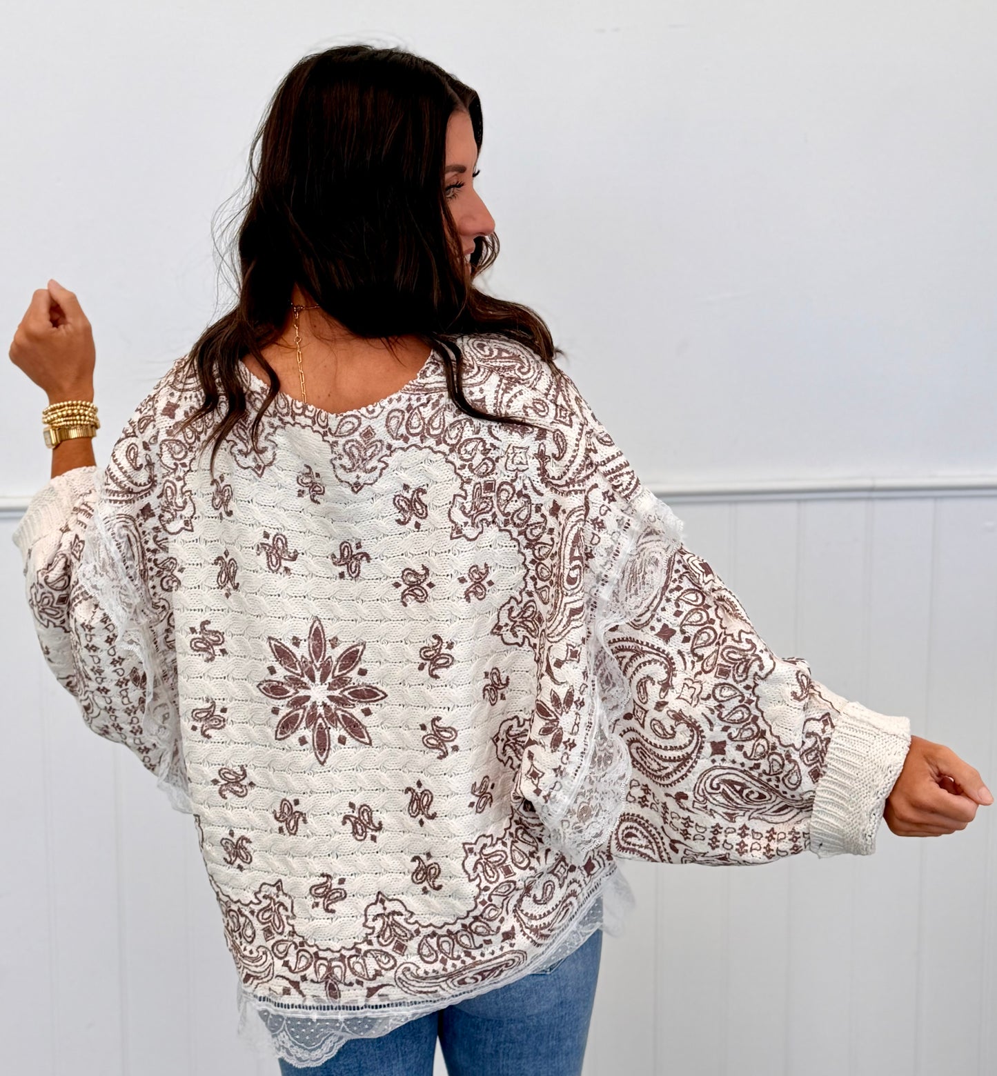 POL Cream/Choco Multi Lace Trim Sweater Top (Reg.)