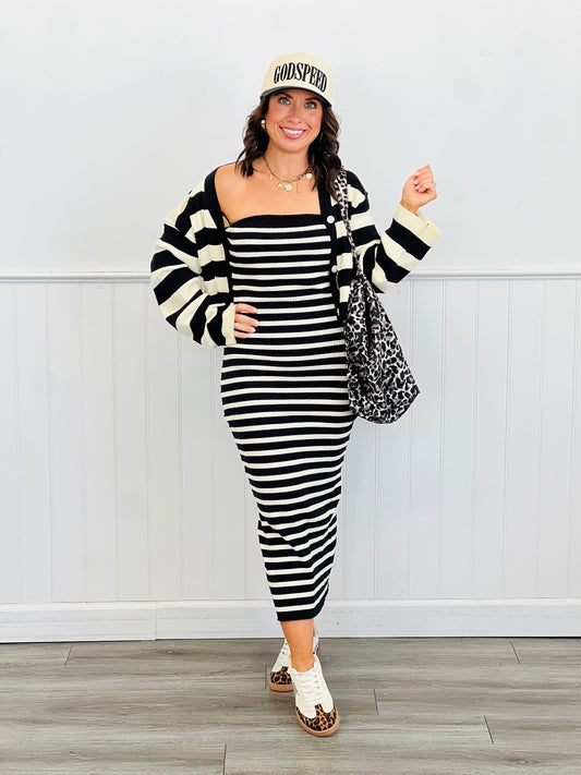 Black Striped Knit Cardigan & Midi Dress Set (Reg.)