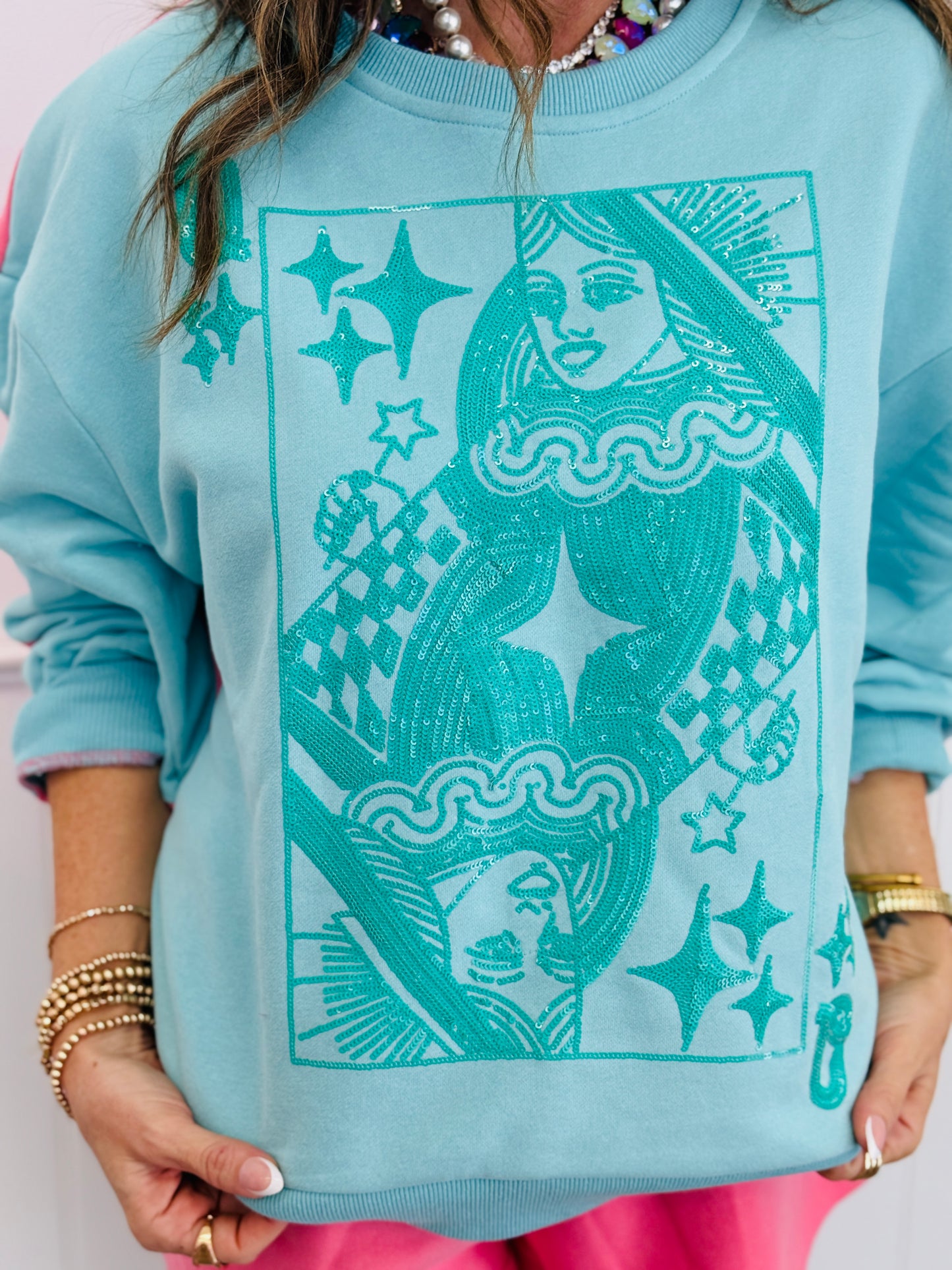 Queen Of Sparkles Aqua & Pink Colorblock QOS Logo Sweatshirt (Reg. and Plus)