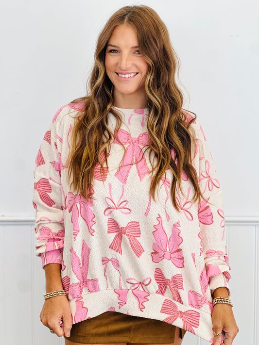 Cream/Pink Bow Tied Ribbon Print Top (Reg & Plus)