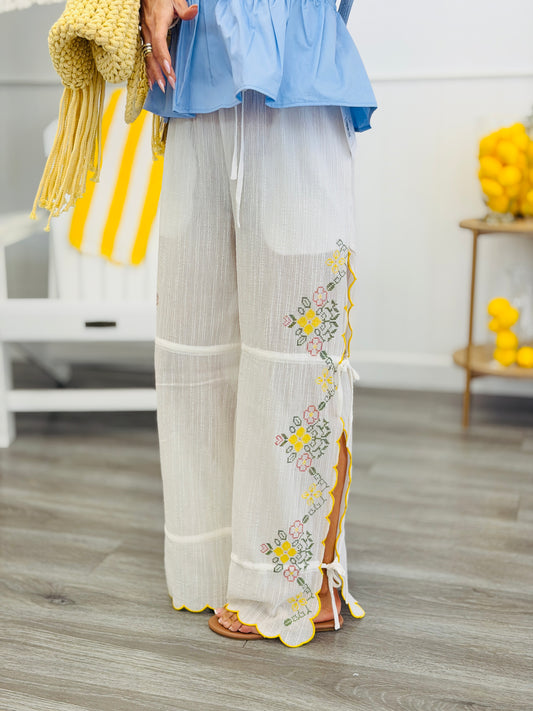 White Embroidered Scalloped Hem Pants (Reg & Plus)