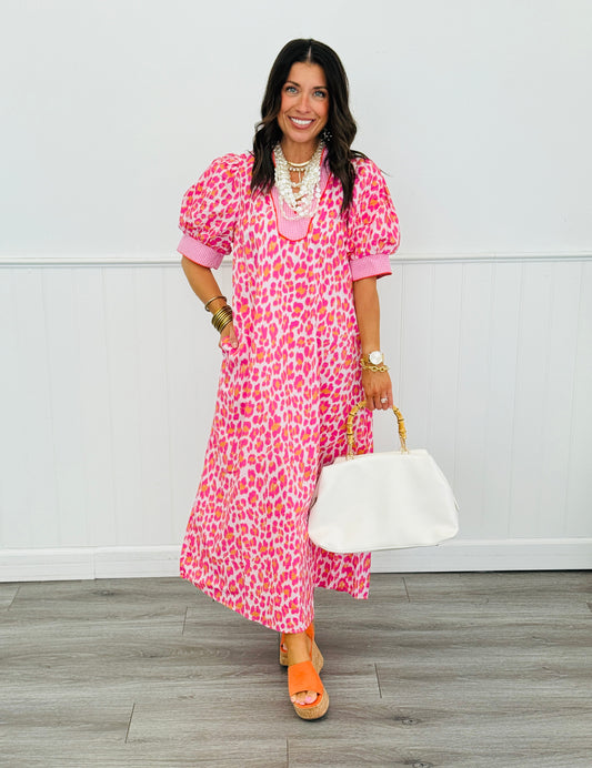 Pink Leopard Contrast Gingham Midi Dress (Reg. and Plus)