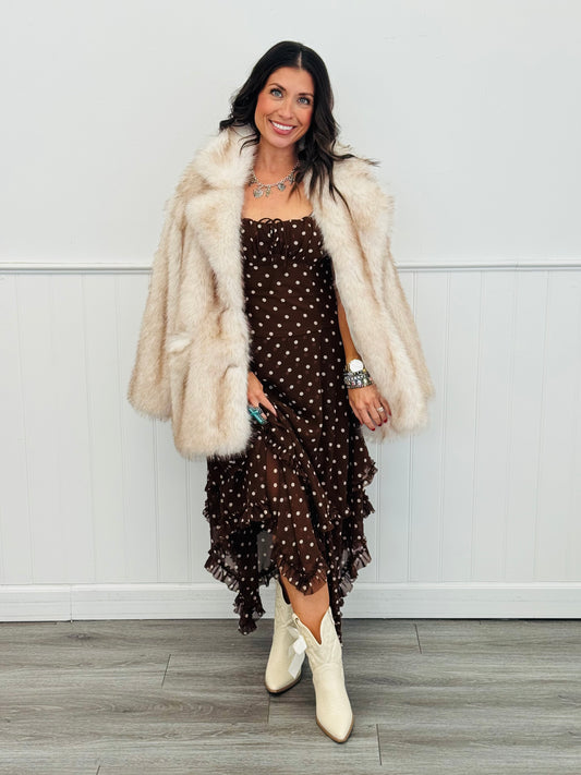 Brown Polka Dot Handkerchief Hem Midi Dress (Reg.)