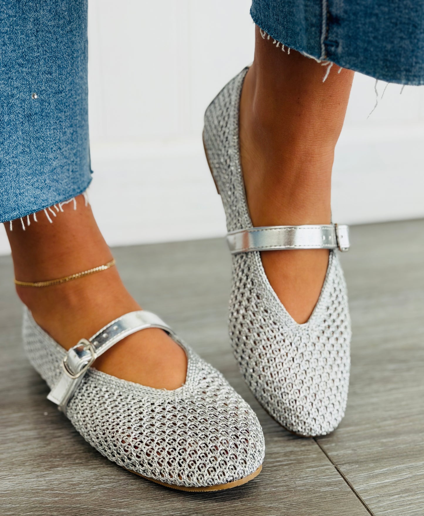 Silver Simply Woven Mary Jane Flats
