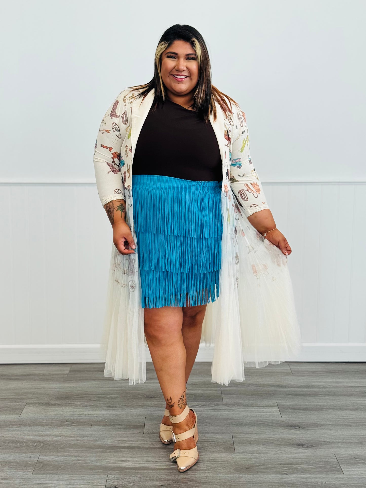 Teal Tiered Fringe Mini Skirt (Reg. & Plus)