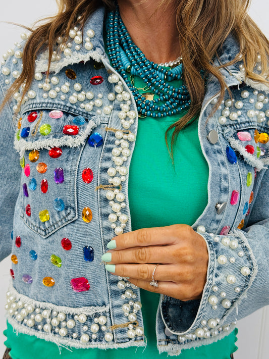 Denim Multi Crystal Pearl Jacket (One Size)