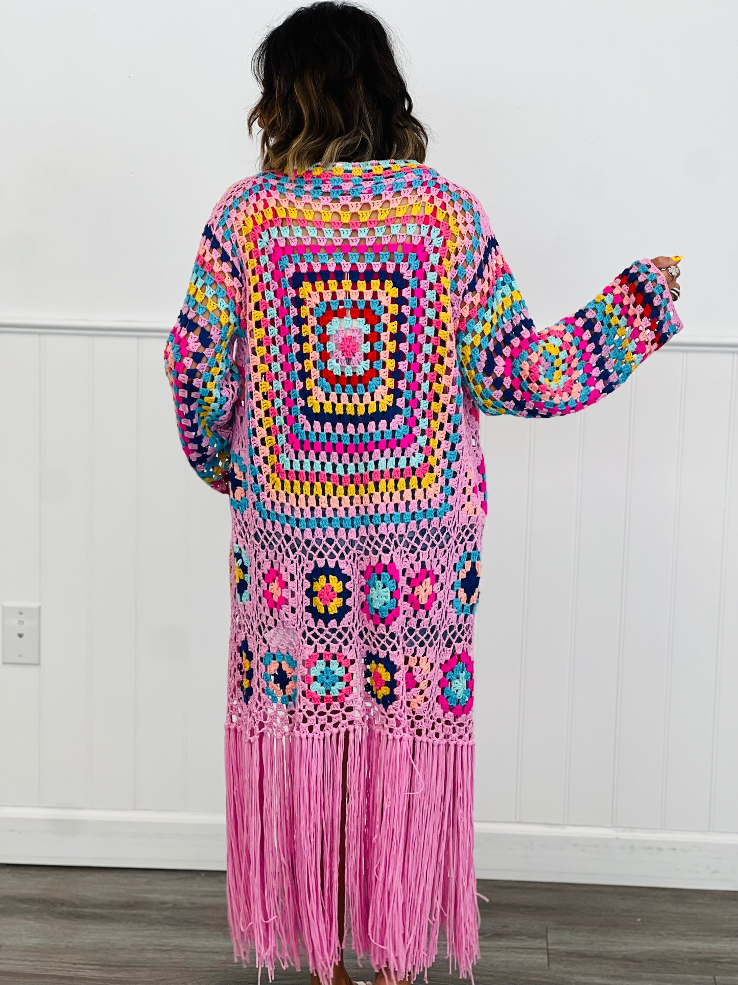 Pink Crochet Fringe Cardigan (Reg & Plus)