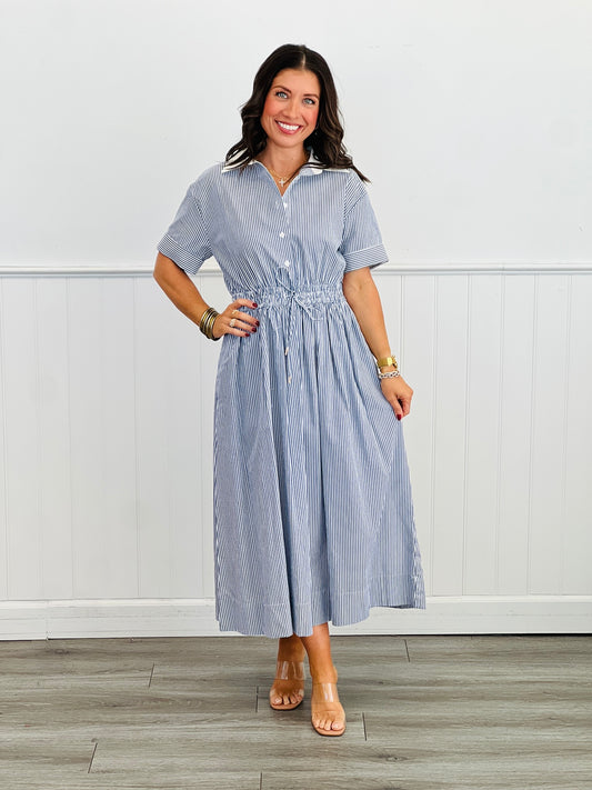 Navy/White Striped Collard Midi Dress (Reg.)
