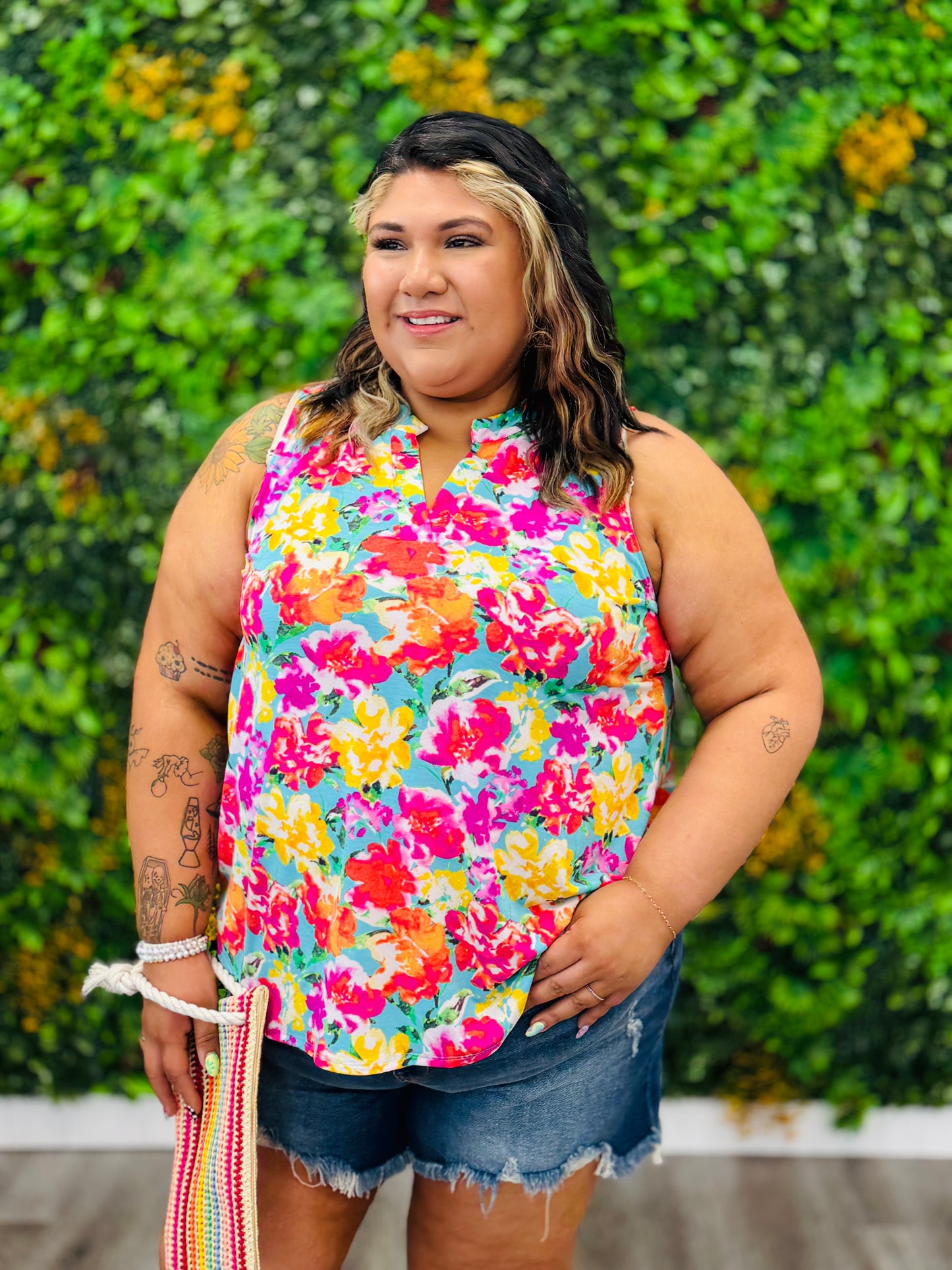 Dear Scarlett Aqua Floral Sleeveless Lizzy Top (Reg. & Plus)