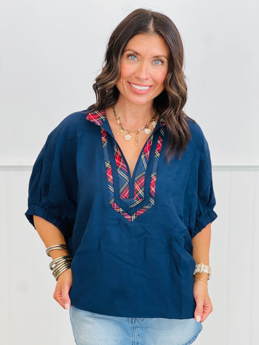 Navy Plaid Contrast Neck Pullover Top (Reg & Plus)