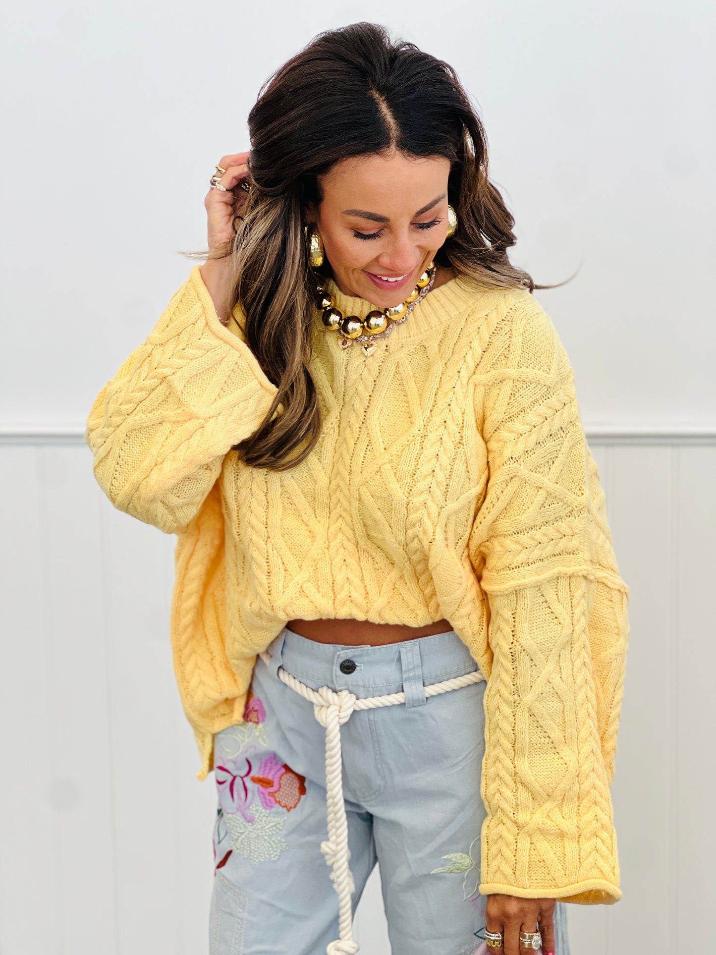Yellow Cable Knit Sweater Top (Reg & Plus)