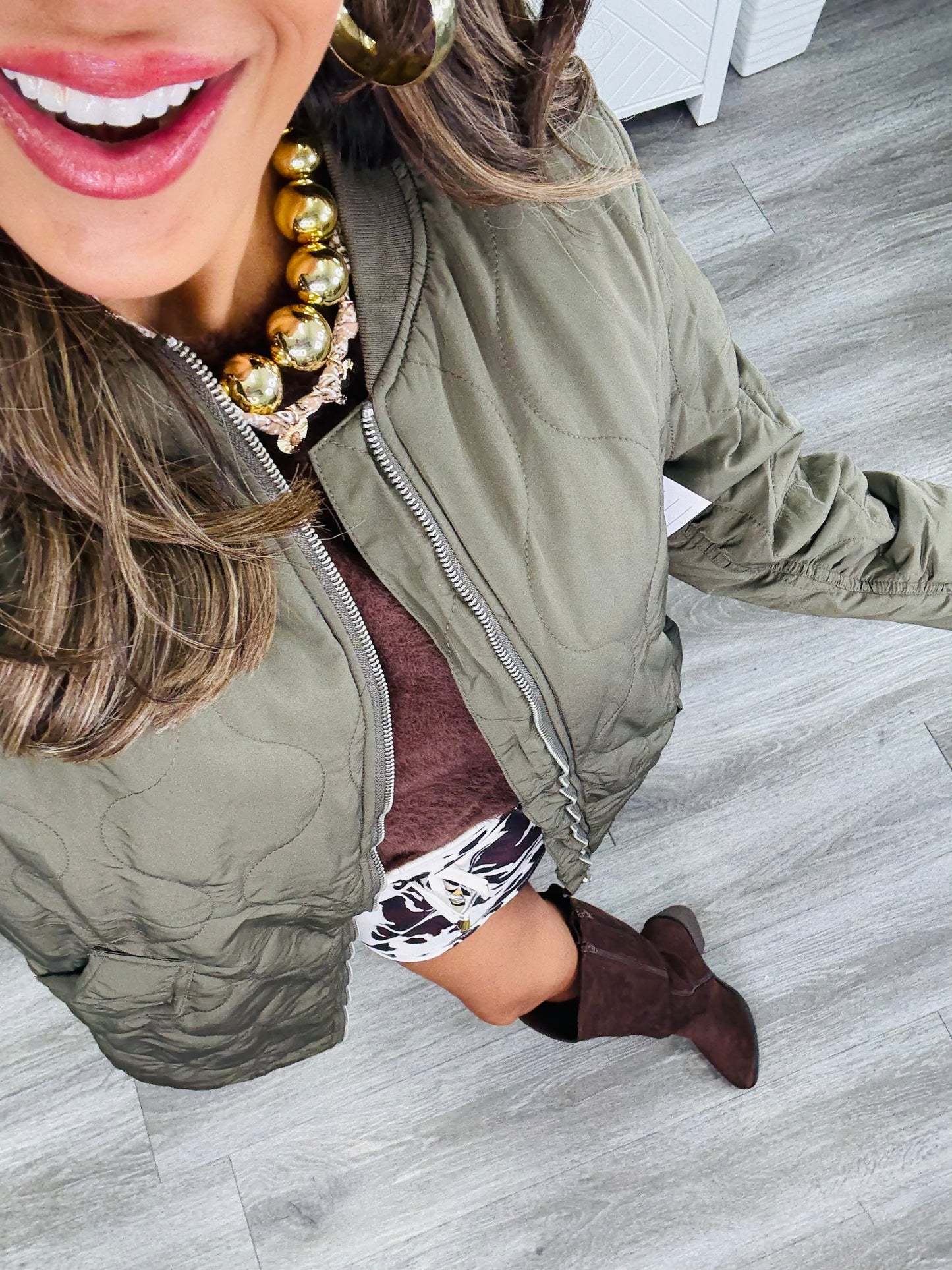 Olive Quilted Longline Bomber Jacket (Reg.)