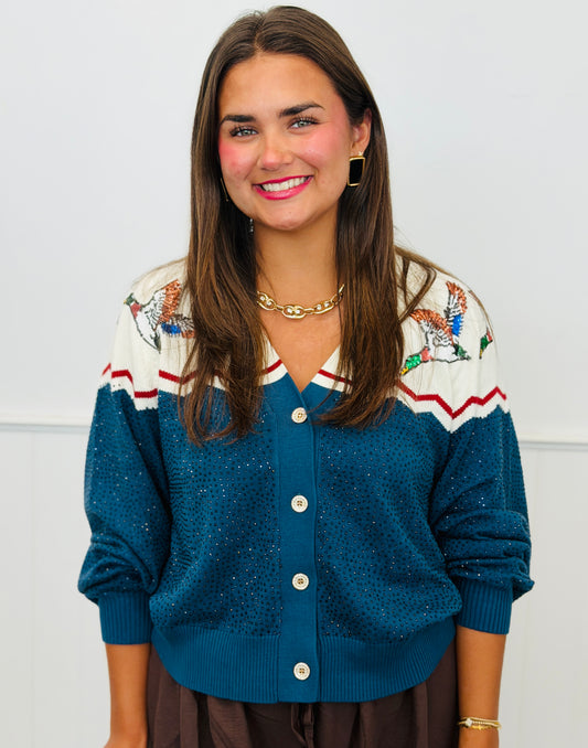 Queen Of Sparkles Blue & Ivory Colorblock Duck Rhinestone Cardigan (Reg. and Plus)