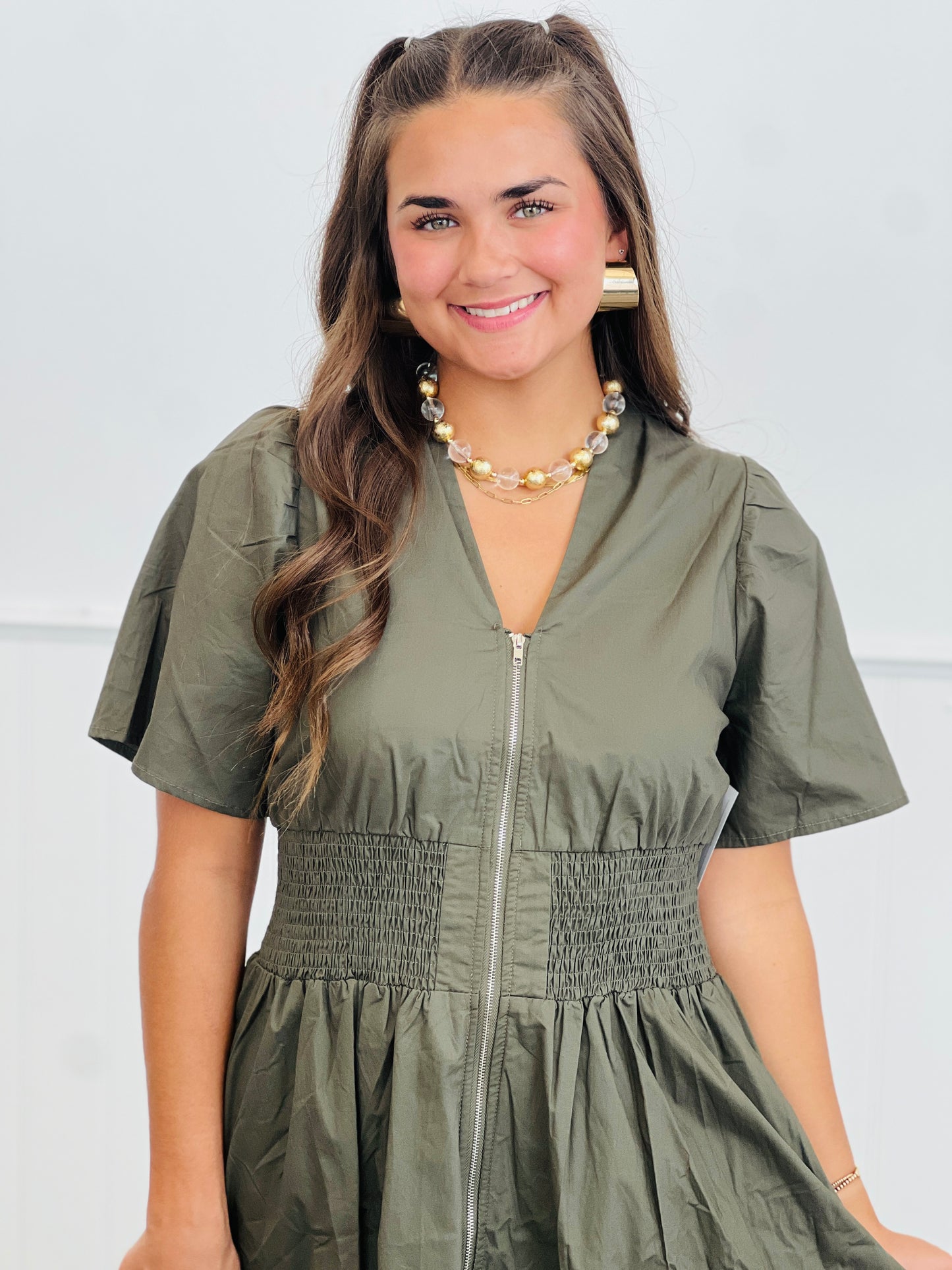 Olive Front Zip Midi Dress (Reg & Plus)