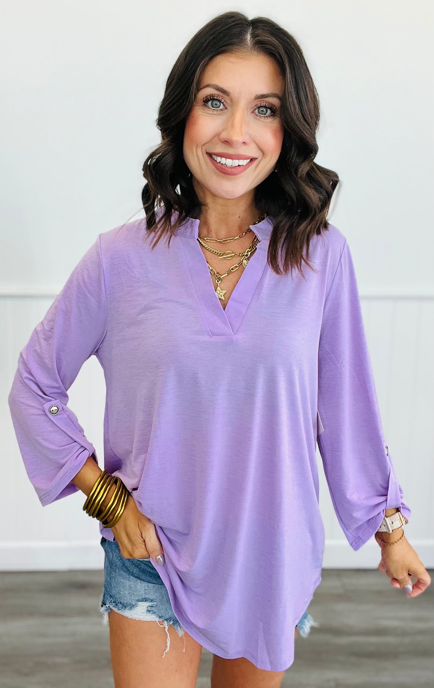 Dear Scarlett Solid 3/4 Sleeve Lizzy Top (Reg. and Plus) - 7 Colors