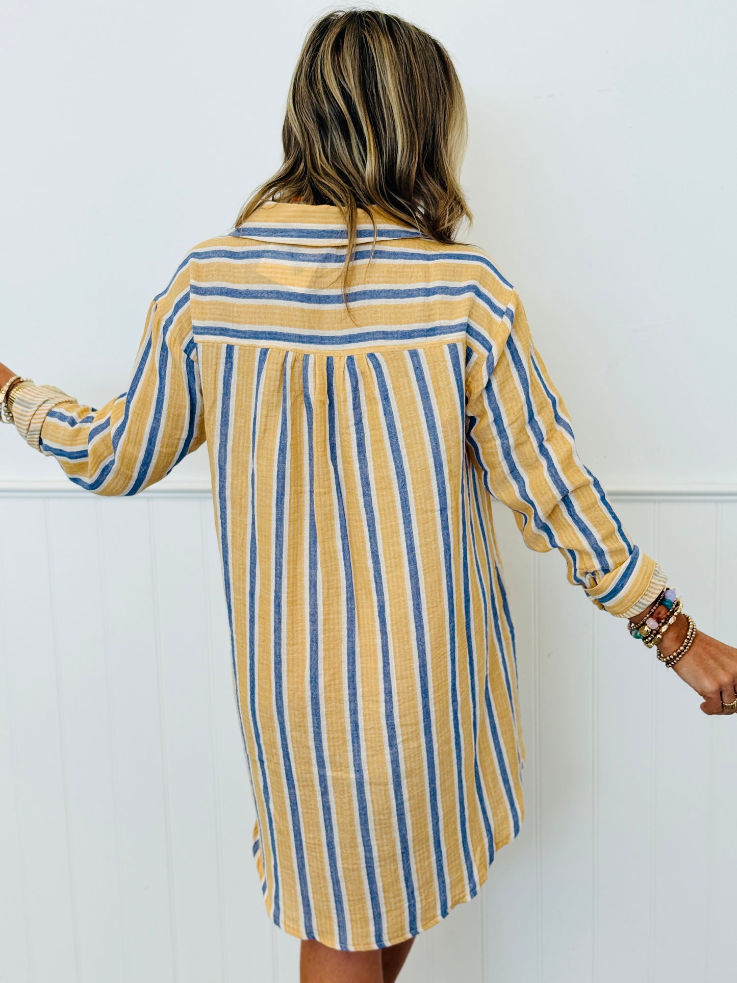 Striped Button Down High Low Shirt Dress (Reg. and Plus)