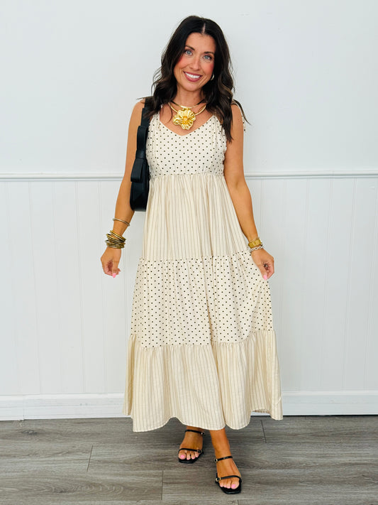 Natural Mixed Pattern Strappy Midi Dress (Reg & Plus)