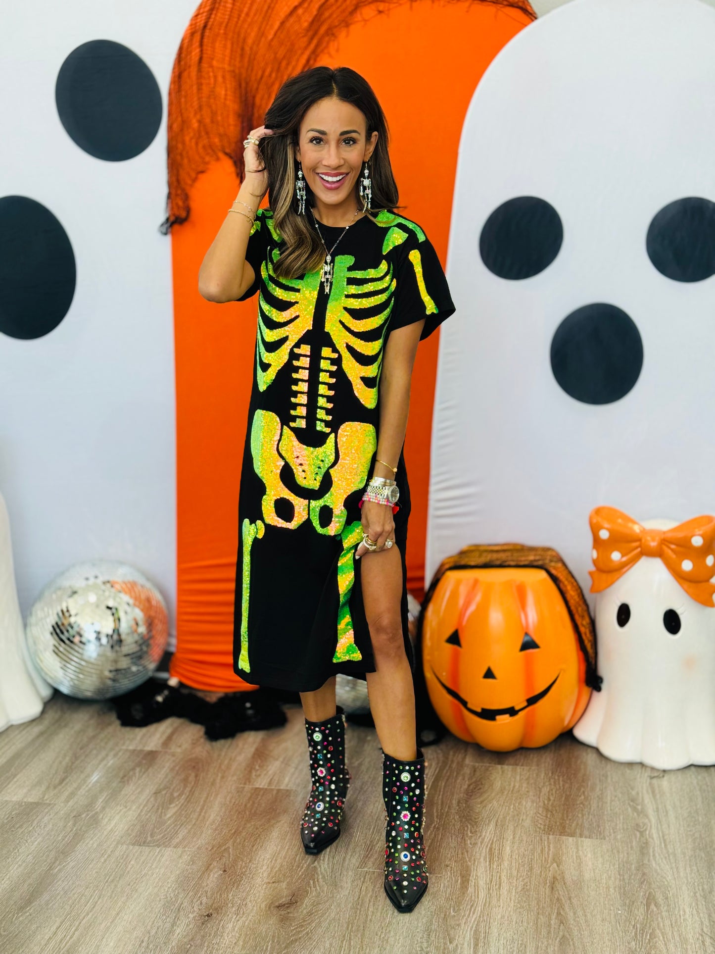 Queen Of Sparkles Black & Iridescent Green Skeleton Tee Dress (Reg. and Plus)
