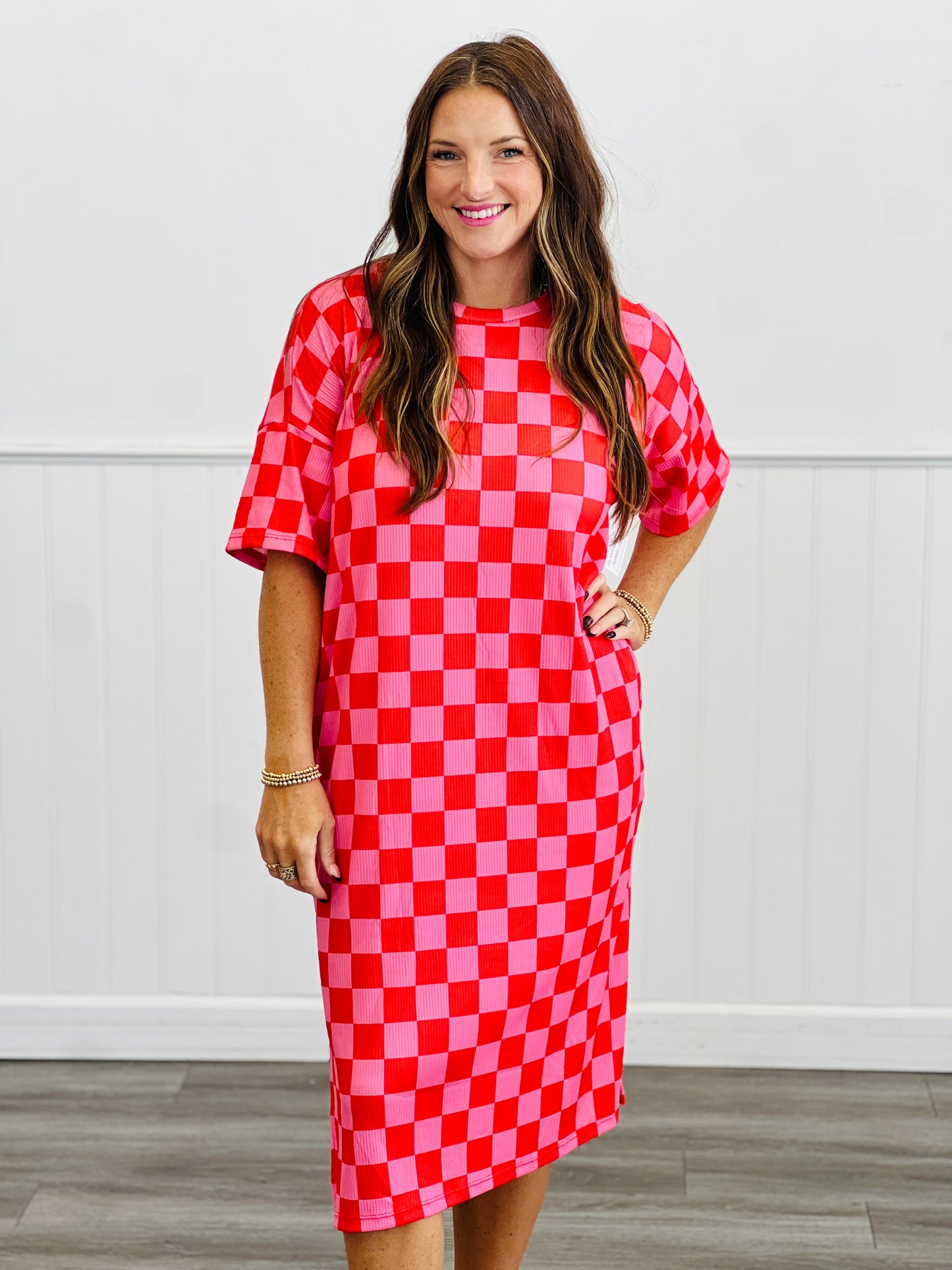 Red/Pink Checkered Midi Dress (Reg & Plus)