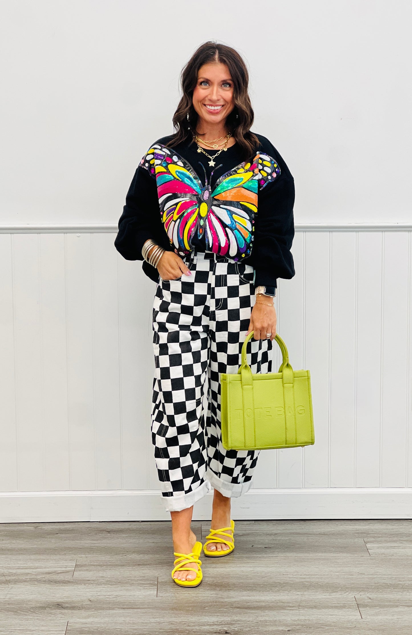 Black Checkered Print Denim Barrel Pants (Reg. and Plus)