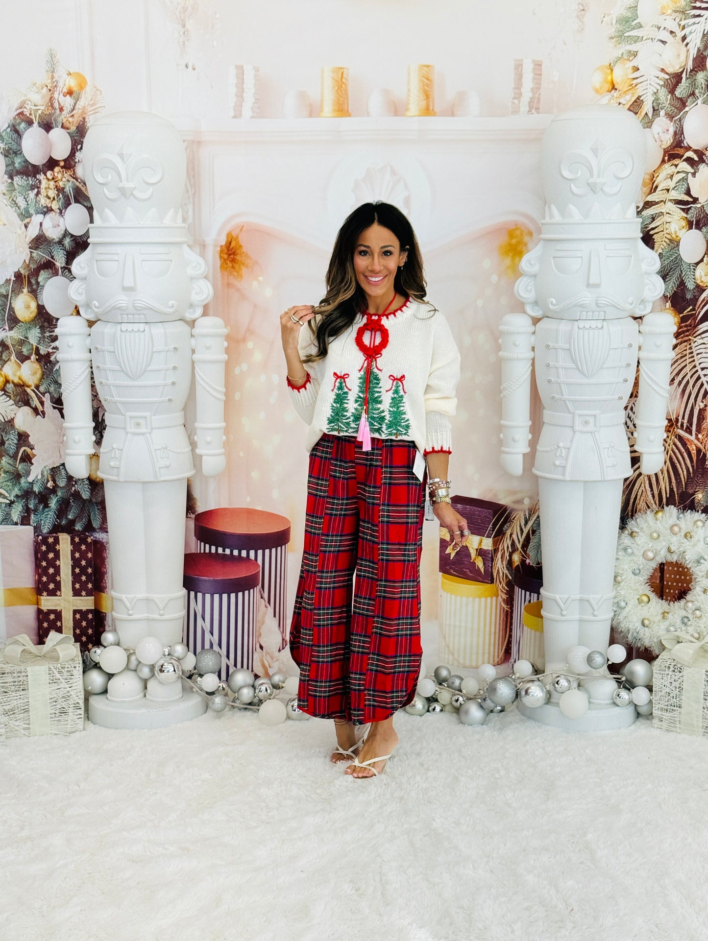 Ivory Christmas Tree Blanket Stitch Sweater Top (Reg.)