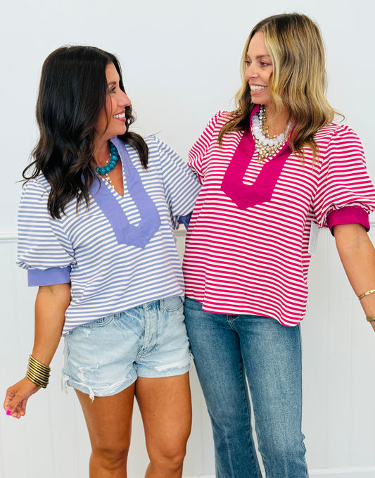 Striped Contrast Trim Puff Sleeve Top (Reg.) - 2 Colors
