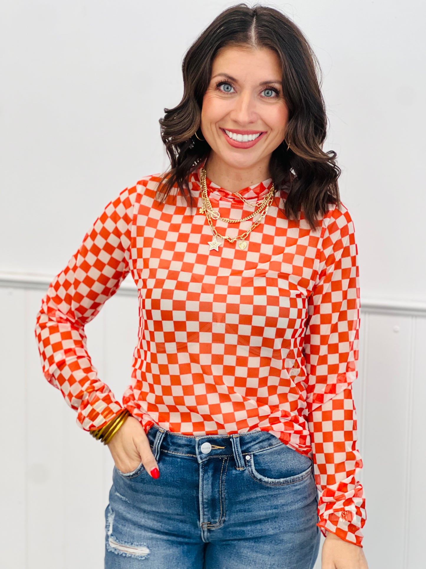 Checkered Mock Neck Mesh Top (Reg & Plus)-3 Colors