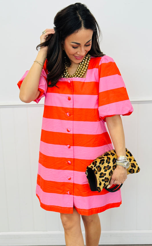 Pink Striped Square Neck Button Down Mini Dress (Reg & Plus)