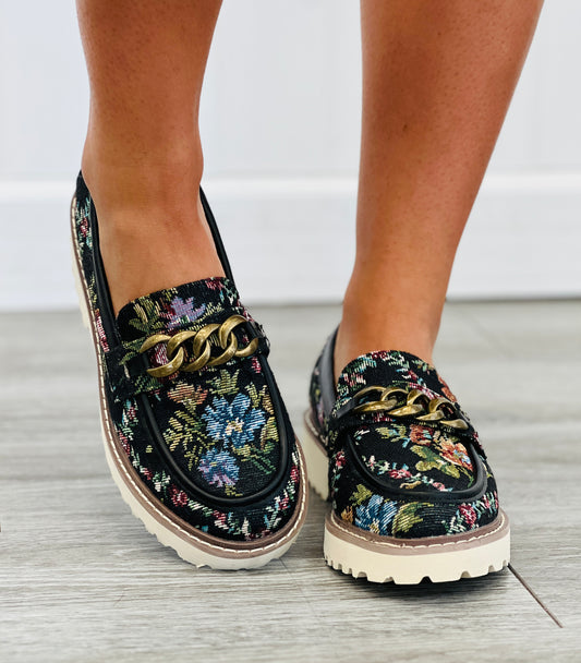 Corkys Literally Black Brocade Floral Flats