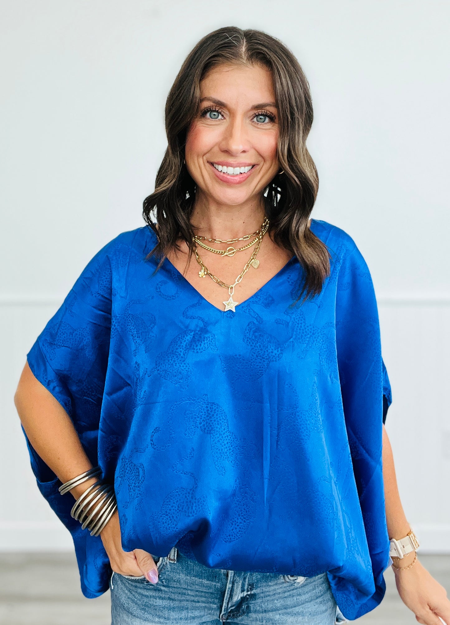 Satin Jacquard Print Bubble Hem Top (Reg. & Plus)- 3 Colors