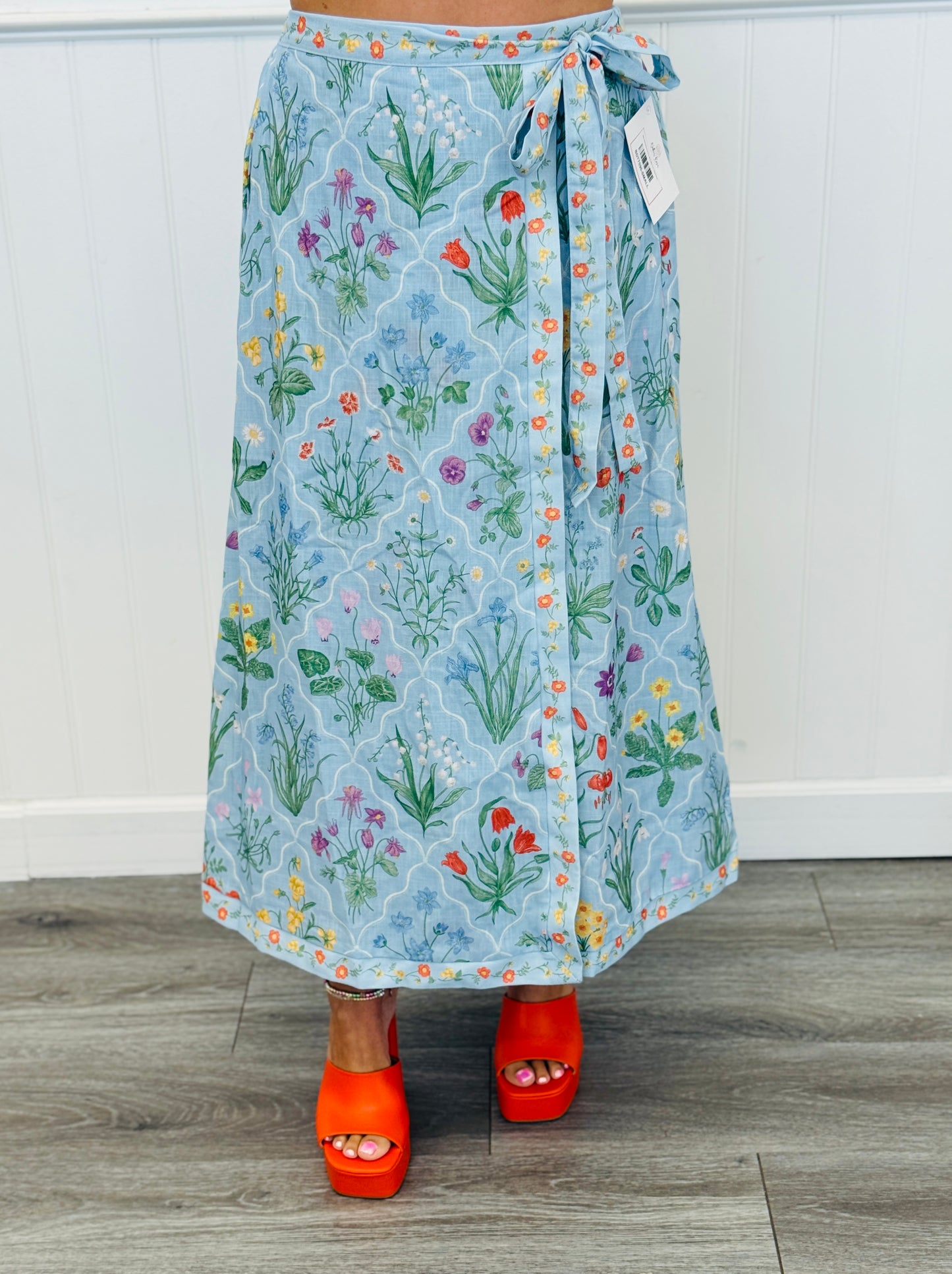 Blue Multi Botanical Print Wrap Midi Skirt (Reg & Plus)