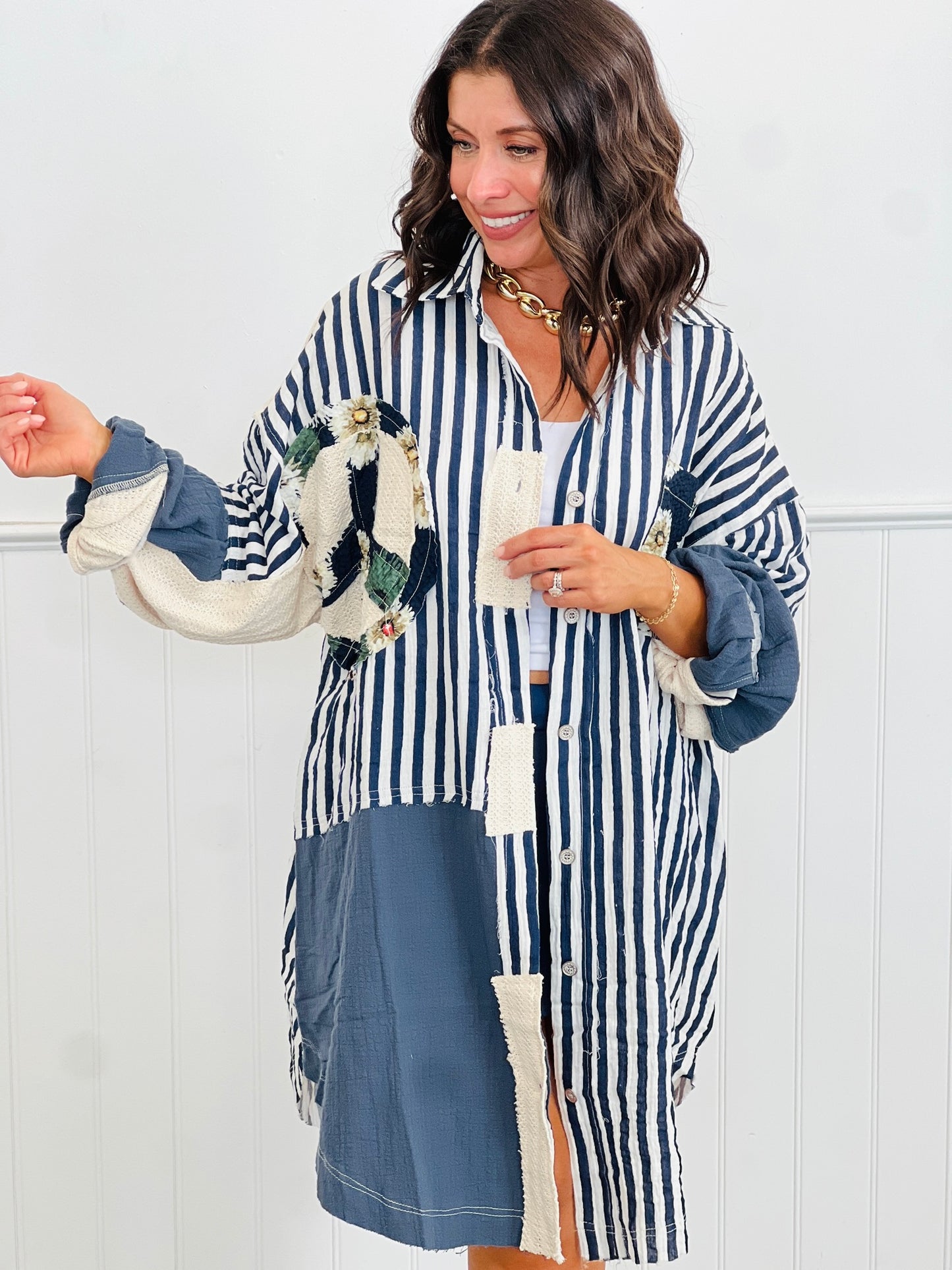 POL Navy Stripe Contrast Peace Marks Shacket (Reg.)