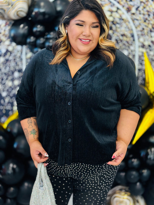 Black Prim Button Up Velvet Top (Reg. and Plus)
