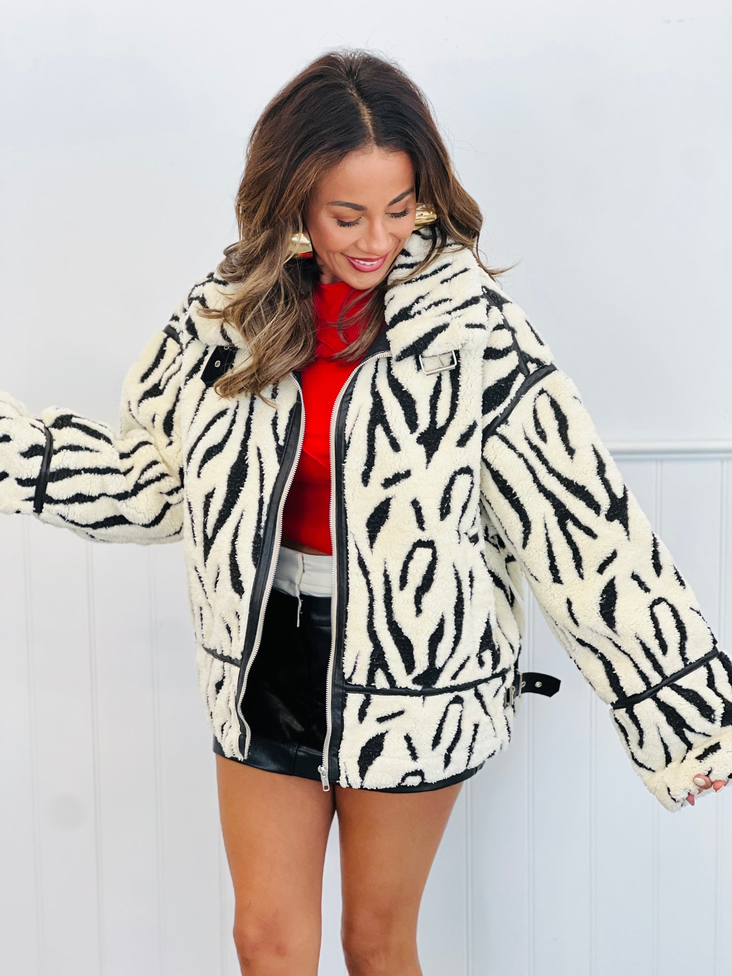 Black/White Faux Leather Double Waist Mini Skort (Reg.)