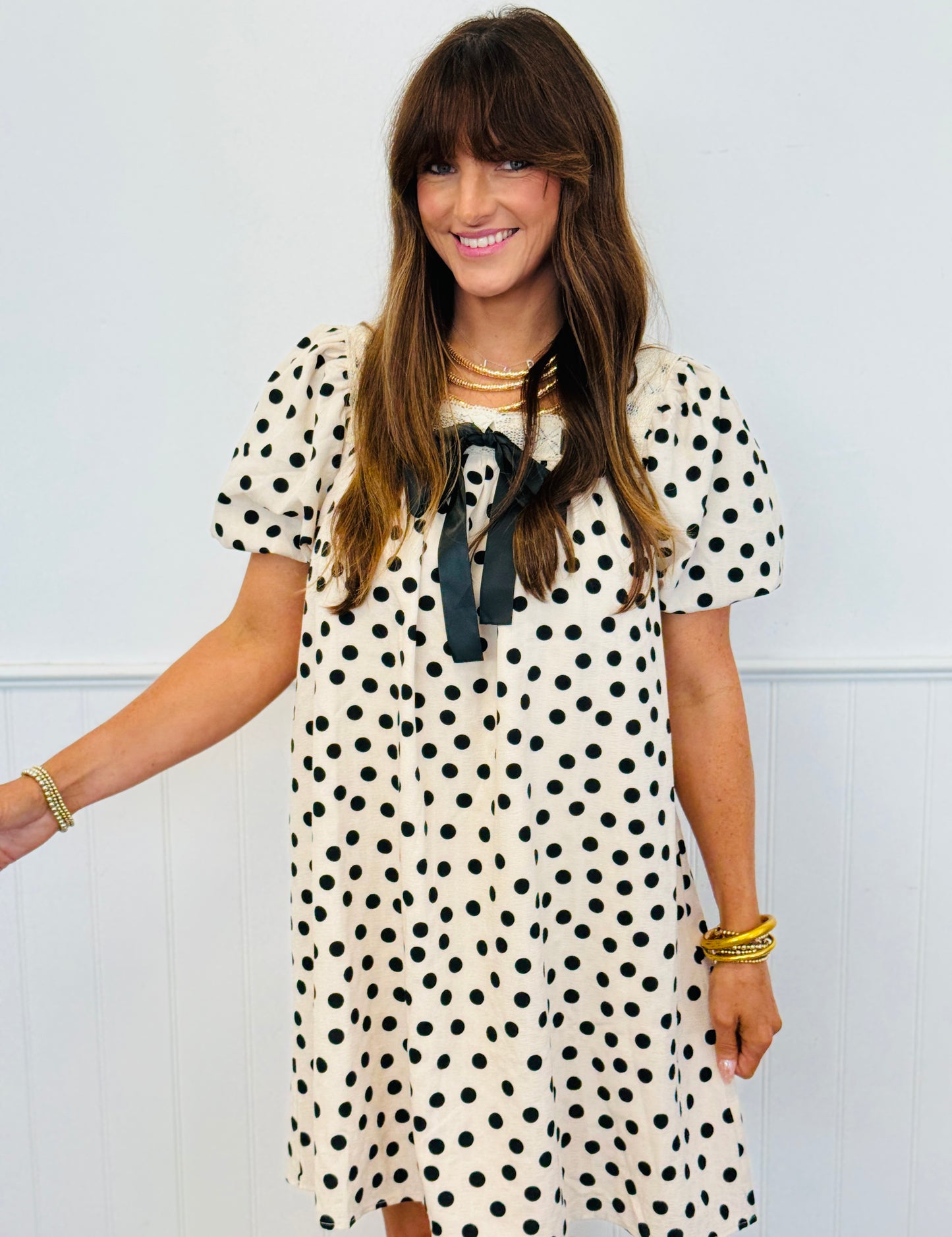 Polka Dot Ribbon Puff Sleeves Mini Dress (Reg.)