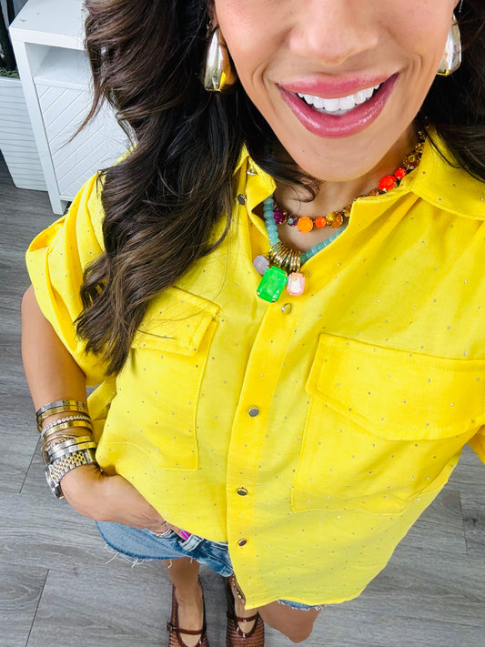 Yellow Rhinestone Button Up Blouse (Reg. and Plus)