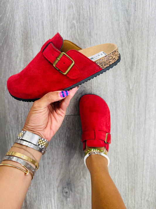 Red Suede Slip On Clogs