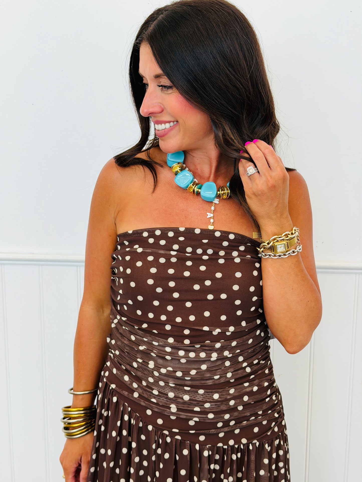 Brown Polka Dot Mesh Maxi Dress (Reg & Plus)