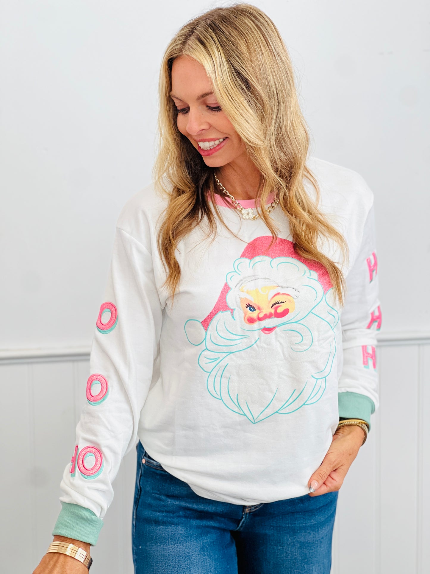 White Glitter Santa Sweatshirt (Reg. and Plus)