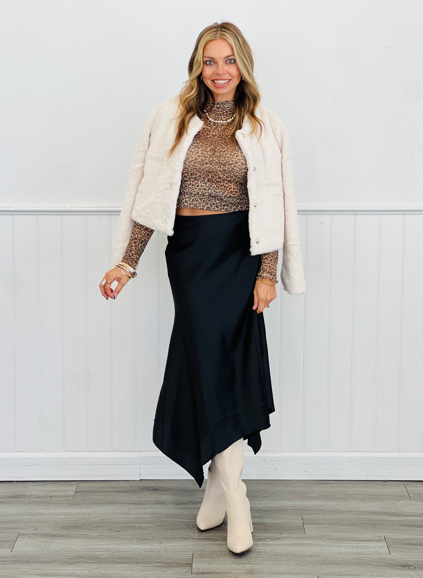 Black Asymmetrical Satin Midi Skirt (Reg.)