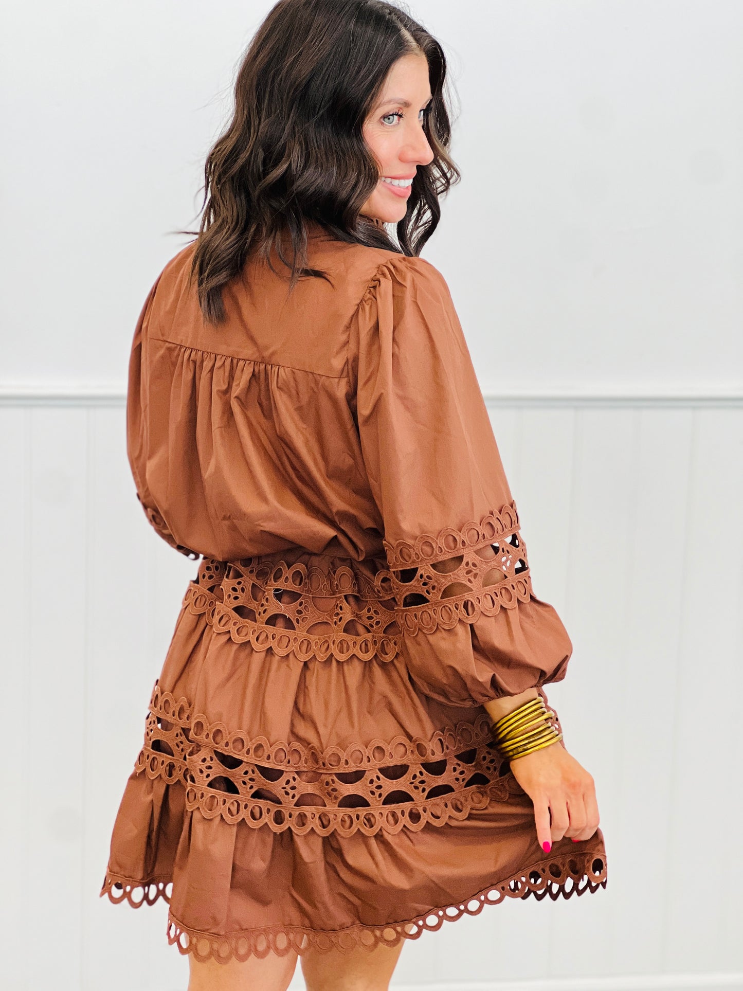 Brown Open Lace Mini Dress (Reg)