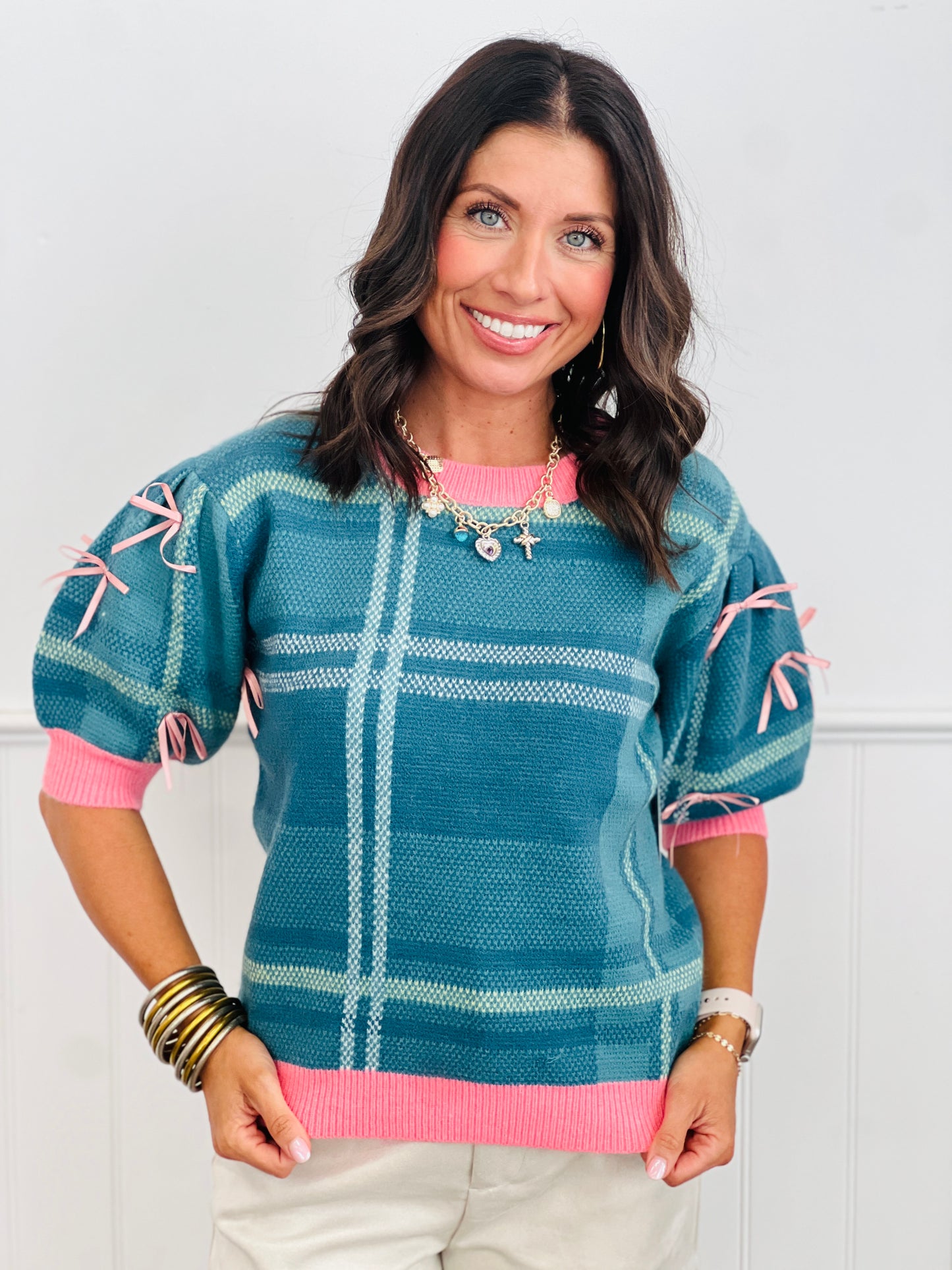 Turquoise Plaid Puff Sleeve Sweater (Reg. and Plus)